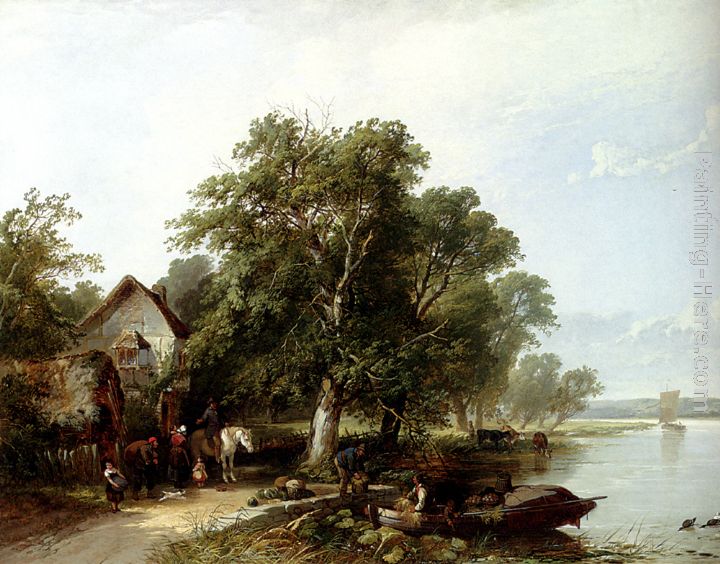 River Landscape With Figures Loading A Boat painting - Henry John Boddington River Landscape With Figures Loading A Boat art painting